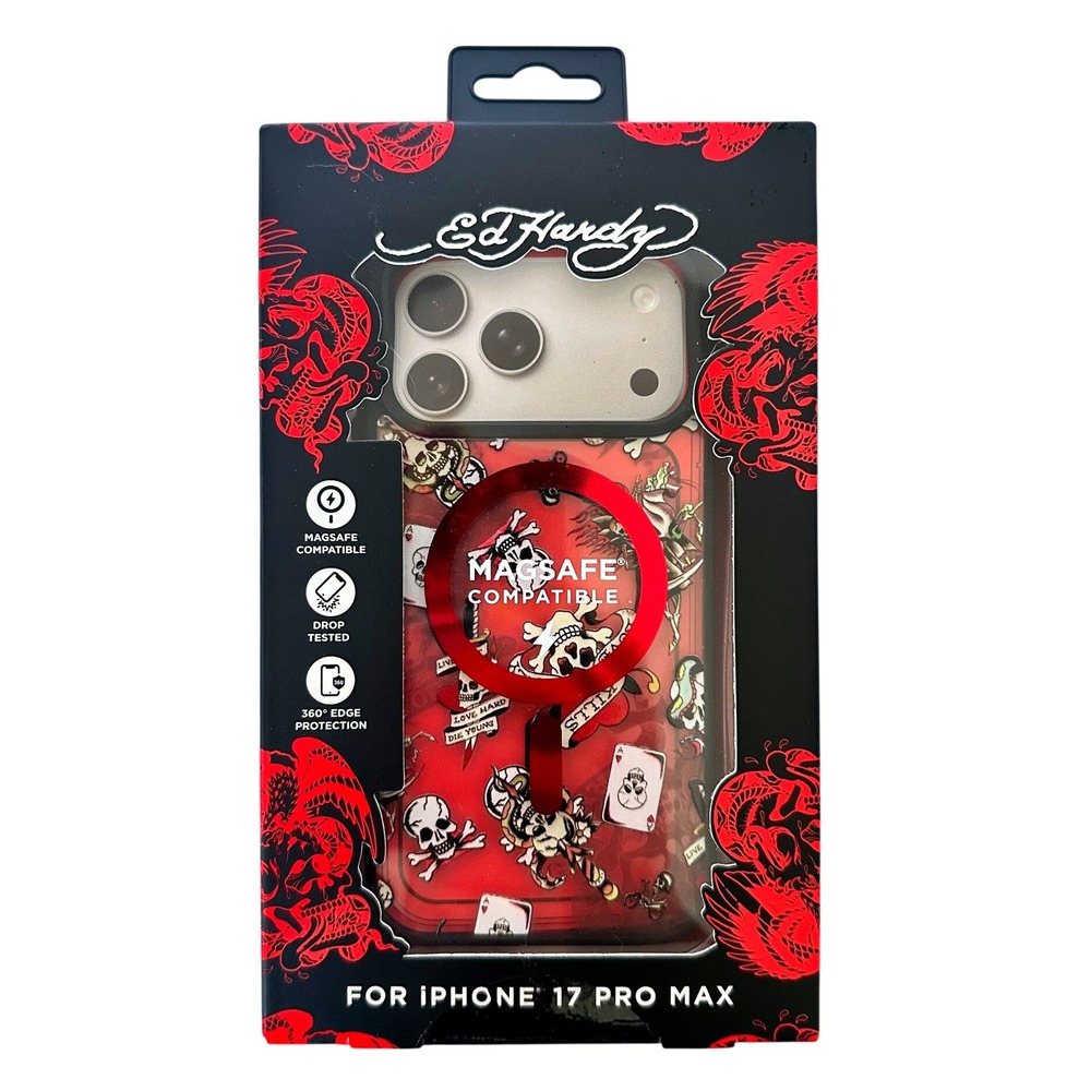Ed Hardy iPhone 17 Pro Max Case Red New MagSafe Skull Tattoo Graphics Cover